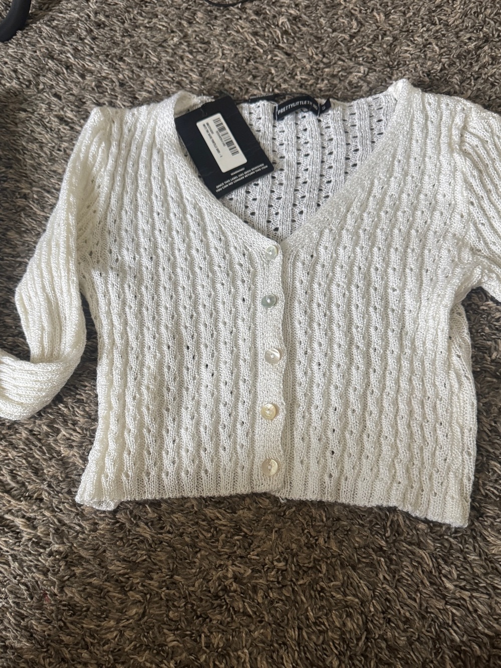 PrettyLittleThing Cream Openwork V‑Neck Button Cardigan